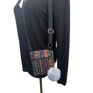 2/$30 Crossbody Bag Multicolor Stripes Gray Faux Mink Pom Pom Keychain NWT